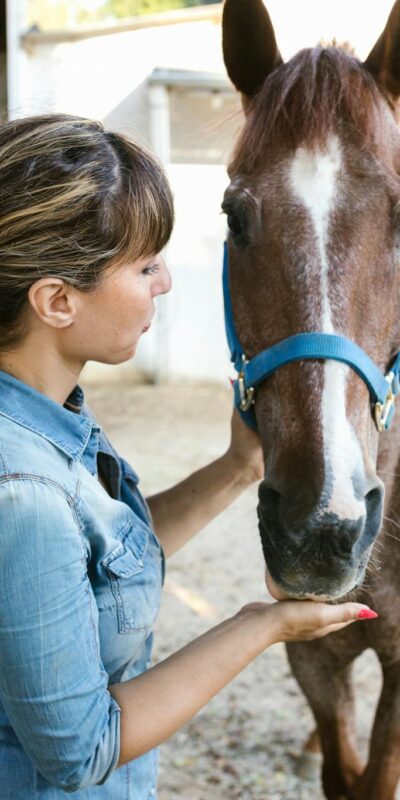 Photo by RDNE Stock project A woman in denim interacting with a brown horse in a stable setting, highlighting care and connection.